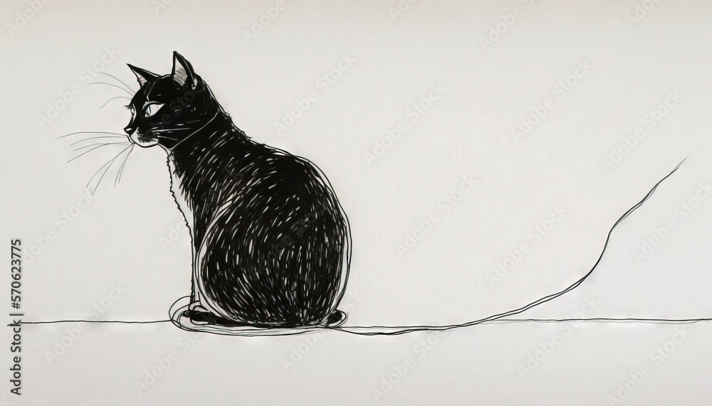 a drawing of a black cat sitting on a white surface with a string in front of it and a black cat sitting on top of it.  generative ai