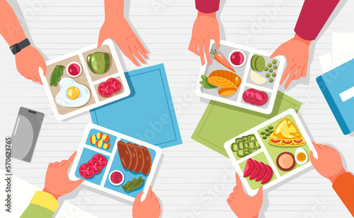 Hands with lunchbox. Arms holding containers with healthy food on table top view, cartoon flatlay with packed bags full of fruits vegetables. Vector illustration