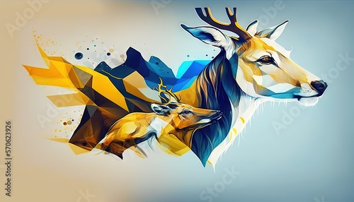  a couple of deer standing next to each other on top of a blue and yellow background with a sky in the background and a blue sky. generative ai