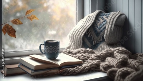  a cup of coffee and a book on a window sill next to a blanket and a window sill with a leaf on it. generative ai