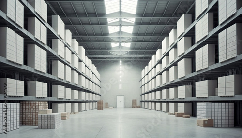 Inside a large modern distribution warehouse with high shelves  Generative AI