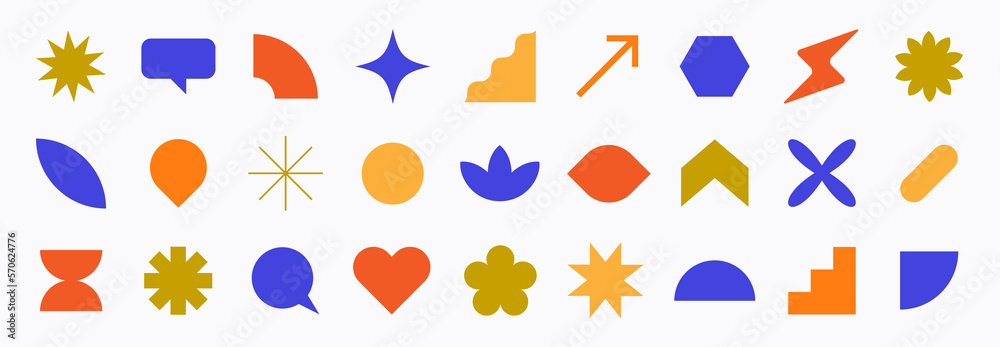 Collection of basic geometric shapes. Set of simple and colorful symbols. Set of trendy and isolated elements. Flat vector signs for web. Design elements. Abstract icons. Minimal pictograms pack.