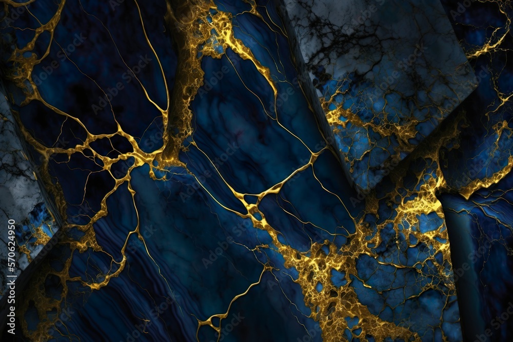 Polished blue marble with gold veins. Abstract background texture.