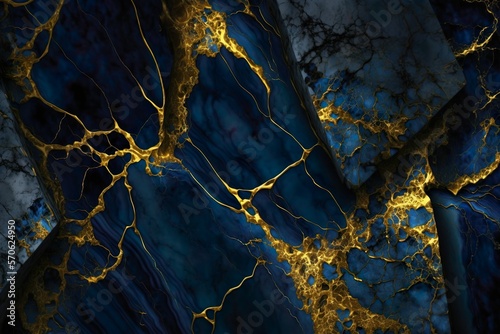 Polished blue marble with gold veins. Abstract background texture.