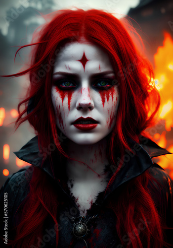Beautiful witch with red hair of fire. Portrait of a sorceress in blood. A bloody witch in the dark. Scary fantasy character. Vampire woman in makeup. Girl in blood with big eyes. Generative AI.