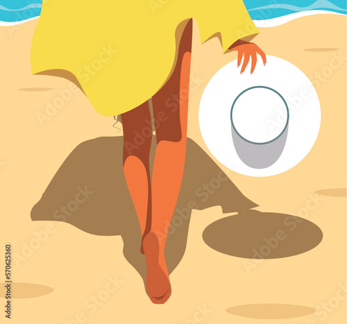 Vector illustration girl tourist on vacation goes along the beach on the sand hat in hand to the sea to swim