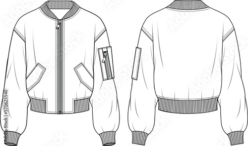 Women's Bomber Jacket. Technical fashion illustration. Front and back, white color. Unisex CAD mock-up.