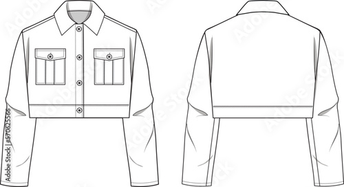 Women's Utility Trucker Crop Jacket. Jacket technical fashion illustration. Front and back, white color. Unisex CAD mock-up.