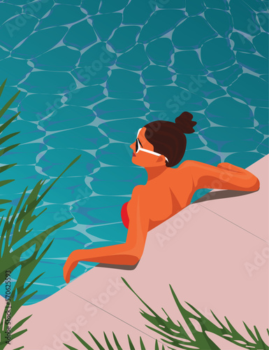 Vector illustration of a girl with glasses swims in the pool on vacation palm trees tourism