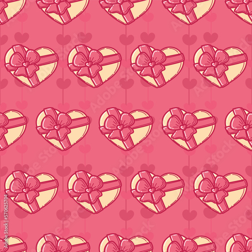 Vector seamless romantic pink love background with a heart-shaped box of chocolates and a bow. Love confession design. Retro print for a website, fabric prints, cards, linens, gift wrap, and sewing.