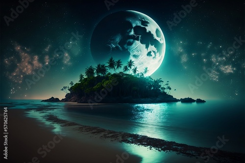 moon over the sea - night at the island = wild life with palm trees fantasy style