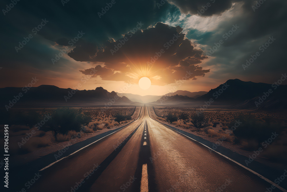 American road at sunset, USA route at evening, moody sky concept art, generative ai