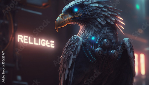 eagle half robot, cutting edge style, neon and lasers. mixture of animal and robot, cyborg animals.
