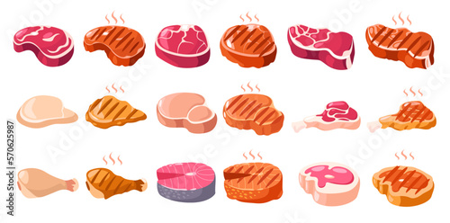 Meat tenderloin. Cartoon sliced butchery steaks for barbecue, cooked grilled roasted pork, raw beef rib lamb sirloin, fresh products concept. Vector flat set