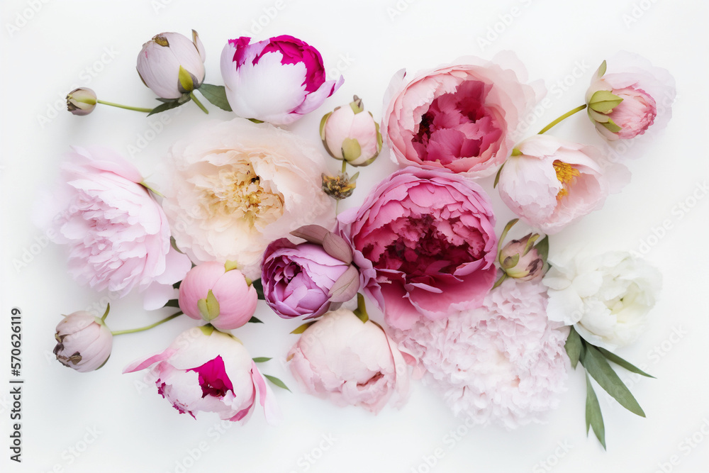Peony Flower Background - Assorted shades of pink peony blooms against a classic white backdrop - Generative AI technology