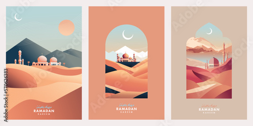 Ramadan Kareem Set of posters, cards, holiday covers. Arabic text translation Ramadan Kareem. Modern beautiful design in pastel colors with mosque, moon crescent, dune sands, mountains, arches windows