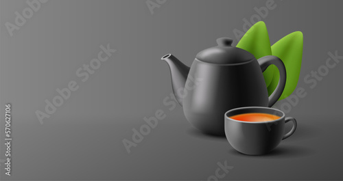 Black teapot and cup of tea with tea leaves on a dark background. Banner for advertising green and black tea. Traditions of Asia. English tea.