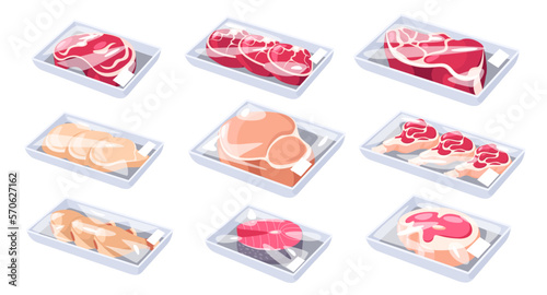 Cartoon meat pack. Frozen vacuum-packaged leg quaters sausages ham, tray with steaks pork beef lamb packed by transparent kitchen film. Vector set photo