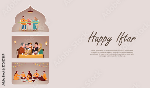 Happy Iftar Concept with Various Muslim Family Having Meal Togethr with Family. Ramadan Kareem Vector Design for Poster and Banner. Break Fasting Activity