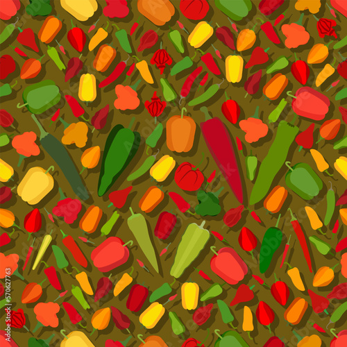 Seamless pattern with different types of peppers. Sweet peppers. Mild and medium hot, super hot Chili peppers. Flat style. Vegetables. Vector illustration isolated on green background.