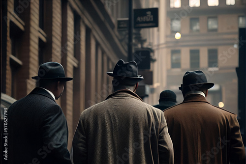 Peaky Blinders mafia men style 1900s. Back view. High quality Ai generated illustration.  photo