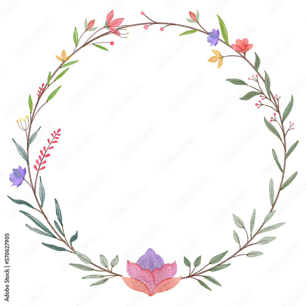 Flower wreath watercolor hand paint, Floral wreath with leaves frame, Cute hand drawn floral wreath watercolor clipart transparent png

