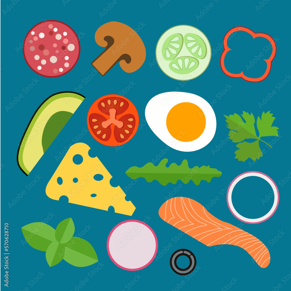A set of ingredients for a burger and a sandwich. Sliced ​​vegetables, sausage, cheese, fish, egg, greens, avocado,Vector illustration cartoon flat icons collection isolated on dark background.