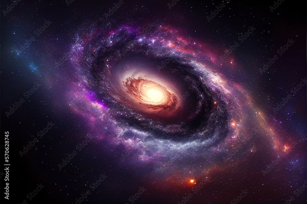 Naklejka premium Spiral galaxy background. A view from space to a spiral galaxy and stars. Universe filled with stars, nebula and galaxy. Generative AI.