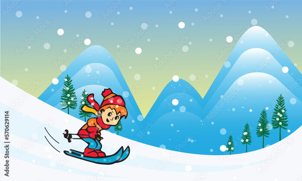 Vector Illustration Of Children Skiing Vector Illustration Of Children Skiing