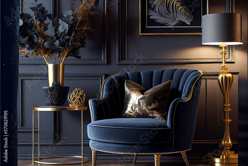 navy blue armchair with golden frame against dark wall with molding in elegant living room interior. High quality ai generated illustration.