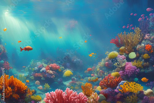 Beautiful Underwater World With Beautiful Corals Lights Shining From Above The Water Surface, created with generative AI technology