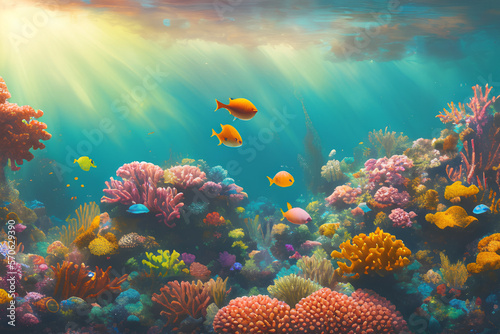 Beautiful Underwater World With Beautiful Corals Lights Shining From Above The Water Surface, created with generative AI technology