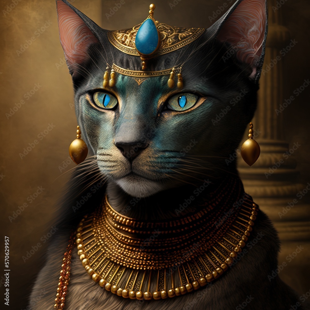 Cat as Egyptian queen Pharaoh illustration generative ai Stock