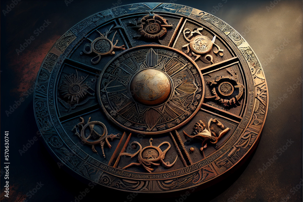 Astrological signs on the antique clock , Medieval wheel of the zodiac and constellations. Golden symbols on a star circle. Astrology concept, horoscope and time. High quality photo. Ai generated