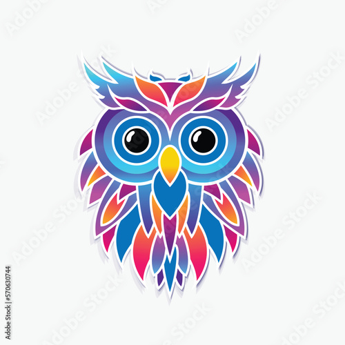 Cute owl sticker with white stokes. Colorful gradient owl icon on paper on white background with shadow. Vector trendy illustration. Character design gradient style sticker with color drawings.