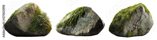 Beautiful natural rock with moss, transparent background, 3d rendering, can be used for natural garden yard decoration, generative ai. photo