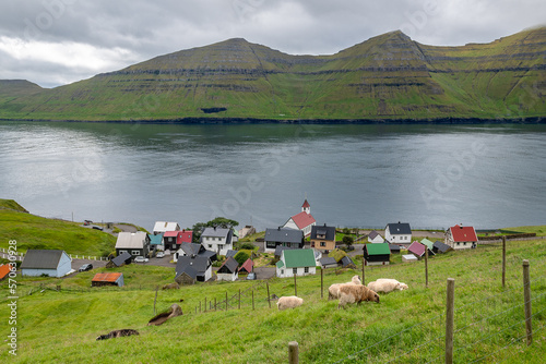 Vista panoramica del villaggio di Mikladalur, Isole Faroe, Europa photo