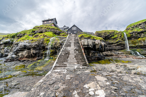La scalinata del villaggio di Mikladalur, Isole Faroe, Europa