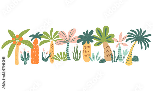 Cute palm tree set. Tropical palm tree hand drawn summer element. Hawaii style decorative border. Cartoon trees vector illustration. Exotic plants for holiday posters, cards, invitations jungle party.