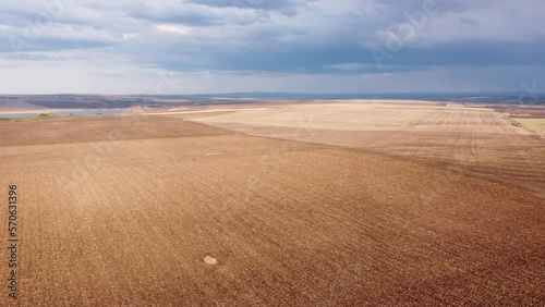 Beautiful aerial panoramic view of autumn countryside landscape. Agricultural fields near Karnobat, Bulgaria
