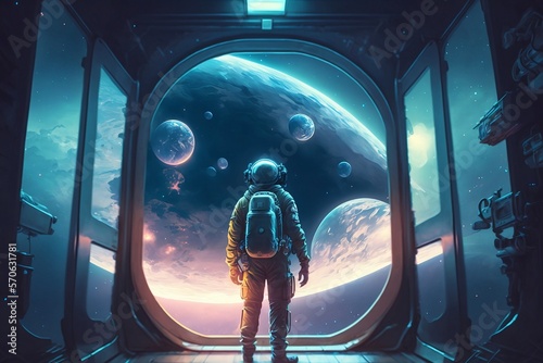 Fotografia Space in the future, outer space with astronaut looking outside