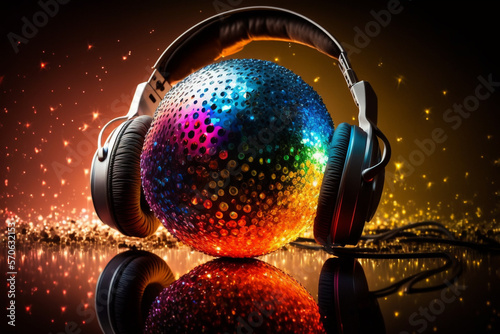 Headphone on a disco ball. Creative music and festival concept. Generative Ai.	
