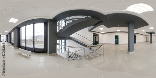 full seamless spherical hdri 360 panorama view in empty modern hall with columns and staircase, doors and panoramic windows in equirectangular projection, ready for AR VR content © hiv360