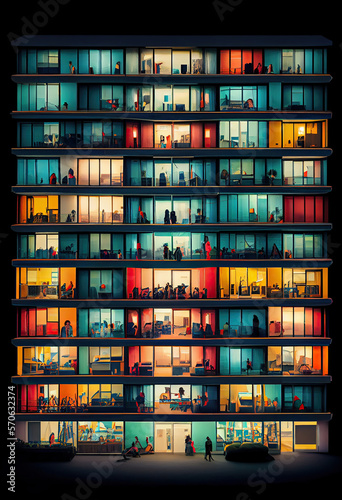 Apartment buildings with many windows and colorful lights.