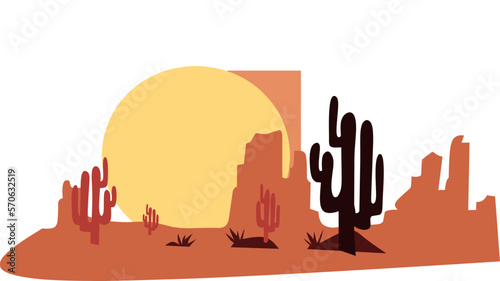Sunset view on cactus filled desert for background vector design template