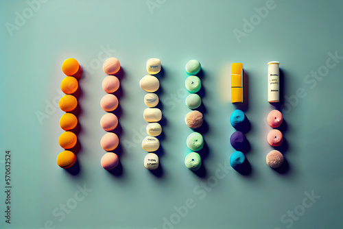 Small colorful pills on light blue background.