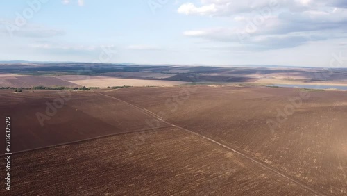 Beautiful aerial panoramic view of autumn countryside landscape. Agricultural fields near Karnobat, Bulgaria