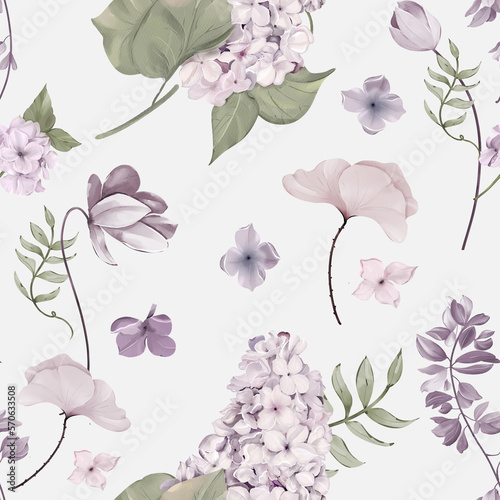 Fototapeta Naklejka Na Ścianę i Meble -  Lilac Floral Watercolor Seamless Pattern. Hand painted Design For print, fabric, fashion, Wallpaper and more. 