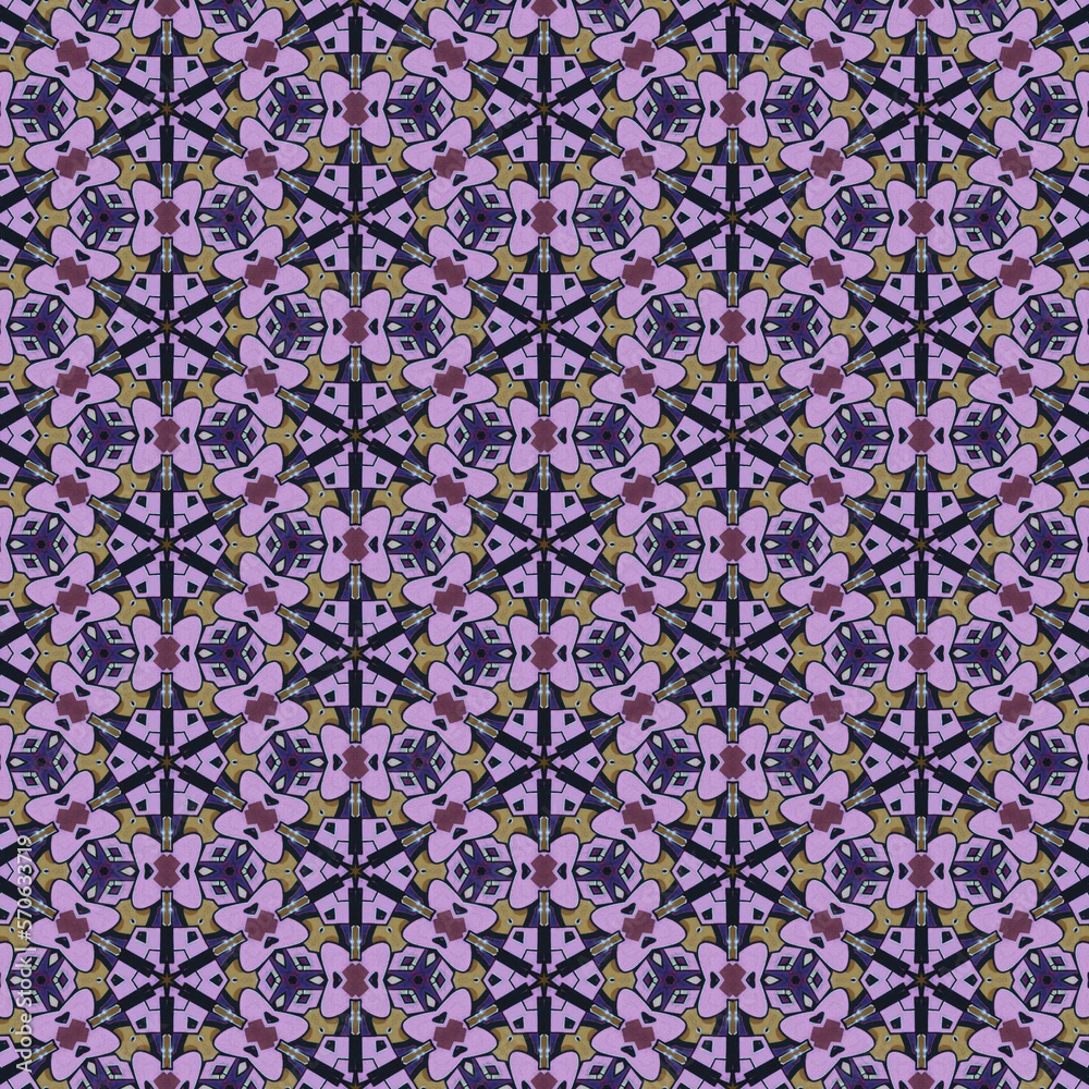  Abstract background with graphic colorful elements. Seamless pattern on violet background. 