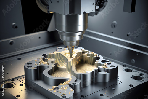 Modern CNC milling machine in action, highlighting precision and efficiency of advanced manufacturing technology. Abstract tech-oriented background emphasizes automation in Industry 4.0. Generative AI photo